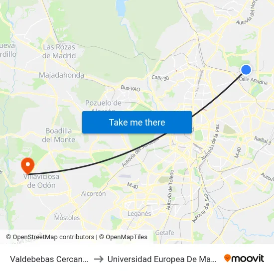 Valdebebas Cercanías to Universidad Europea De Madrid map