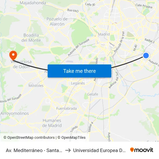 Av. Mediterráneo - Santa Eugenia to Universidad Europea De Madrid map