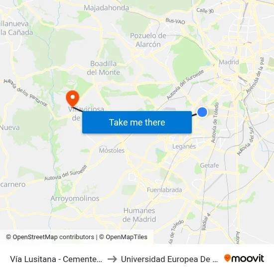 Vía Lusitana - Cementerio Sur to Universidad Europea De Madrid map