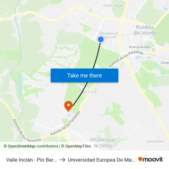 Valle Inclán - Pío Baroja to Universidad Europea De Madrid map