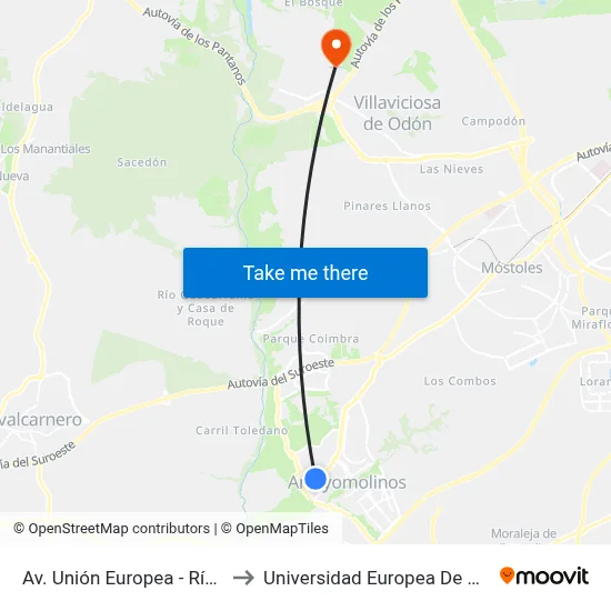 Av. Unión Europea - Río Tajo to Universidad Europea De Madrid map