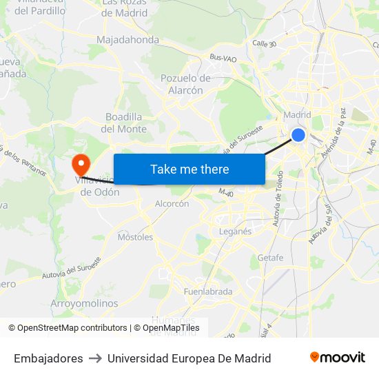 Embajadores to Universidad Europea De Madrid map