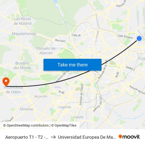 Aeropuerto T1 - T2 - T3 to Universidad Europea De Madrid map