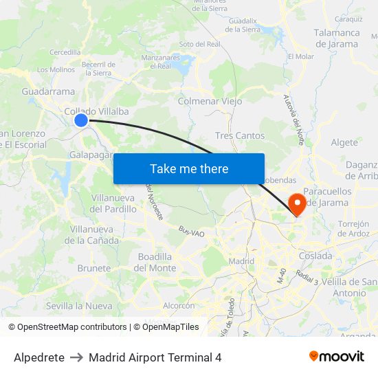 Alpedrete to Madrid Airport Terminal 4 map