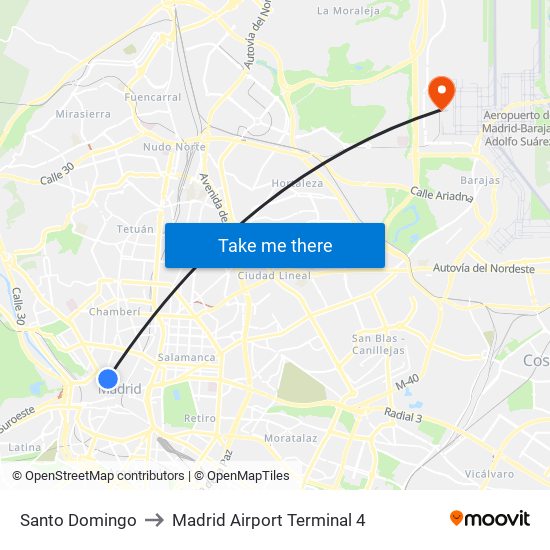 Santo Domingo to Madrid Airport Terminal 4 map