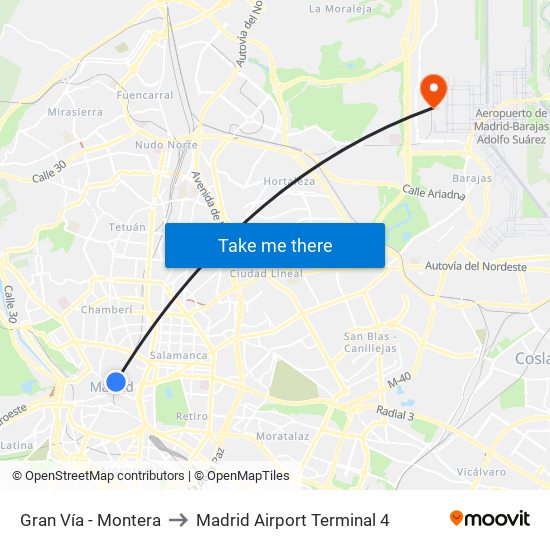Gran Vía - Montera to Madrid Airport Terminal 4 map