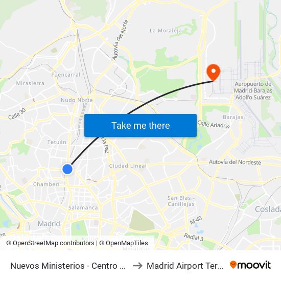 Nuevos Ministerios - Centro Comercial to Madrid Airport Terminal 4 map