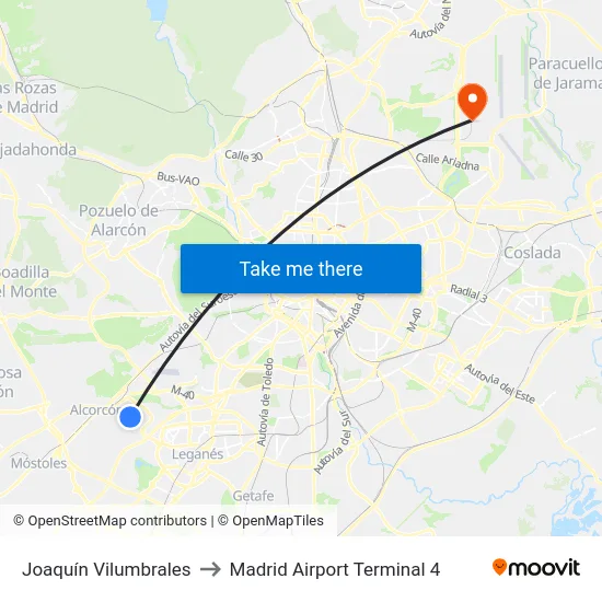 Joaquín Vilumbrales to Madrid Airport Terminal 4 map