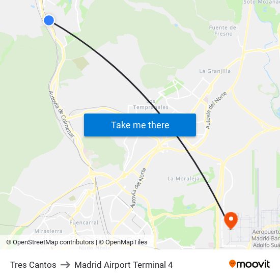 Tres Cantos to Madrid Airport Terminal 4 map