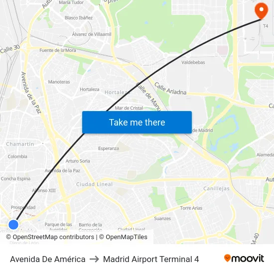 Avenida De América to Madrid Airport Terminal 4 map