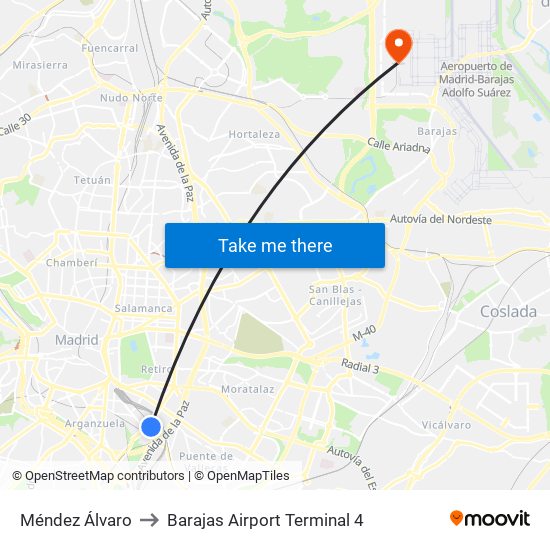 Méndez Álvaro to Barajas Airport Terminal 4 map