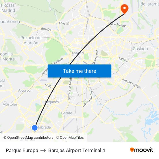 Parque Europa to Barajas Airport Terminal 4 map