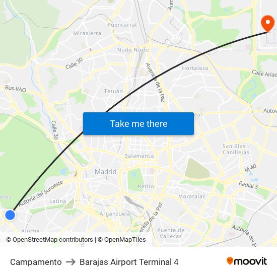 Campamento to Barajas Airport Terminal 4 map