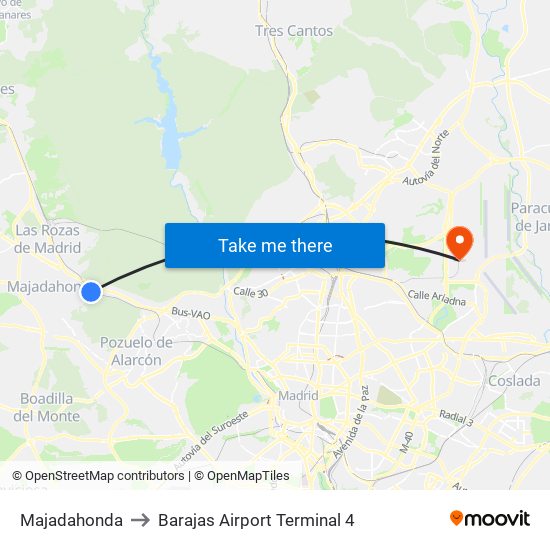 Majadahonda to Barajas Airport Terminal 4 map