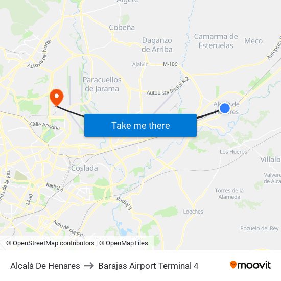 Alcalá De Henares to Barajas Airport Terminal 4 map