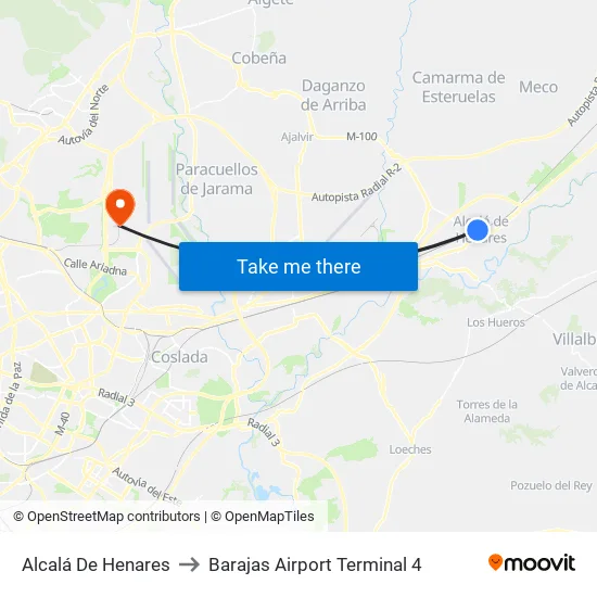 Alcalá De Henares to Barajas Airport Terminal 4 map