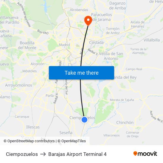 Ciempozuelos to Barajas Airport Terminal 4 map