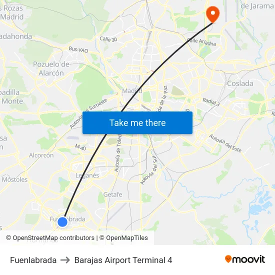 Fuenlabrada to Barajas Airport Terminal 4 map