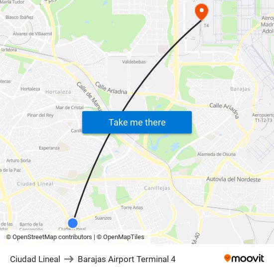 Ciudad Lineal to Barajas Airport Terminal 4 map