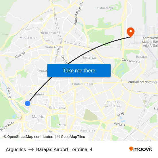 Argüelles to Barajas Airport Terminal 4 map