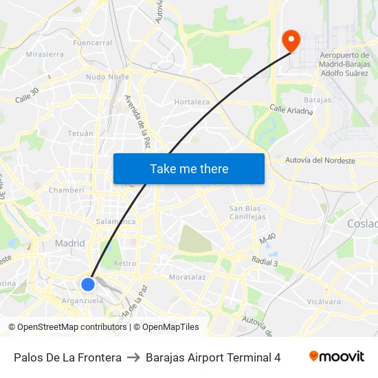 Palos De La Frontera to Barajas Airport Terminal 4 map