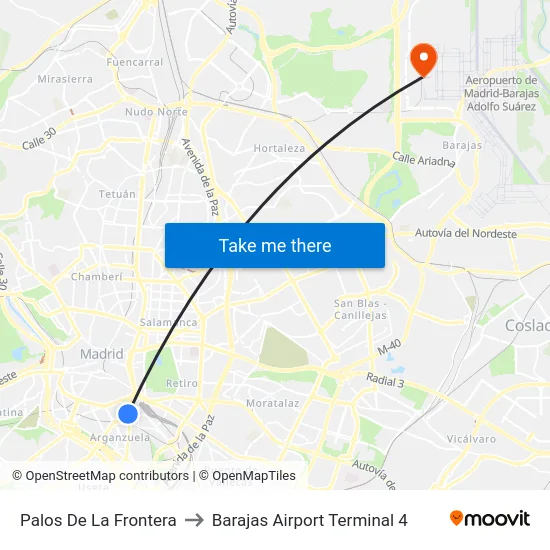 Palos De La Frontera to Barajas Airport Terminal 4 map