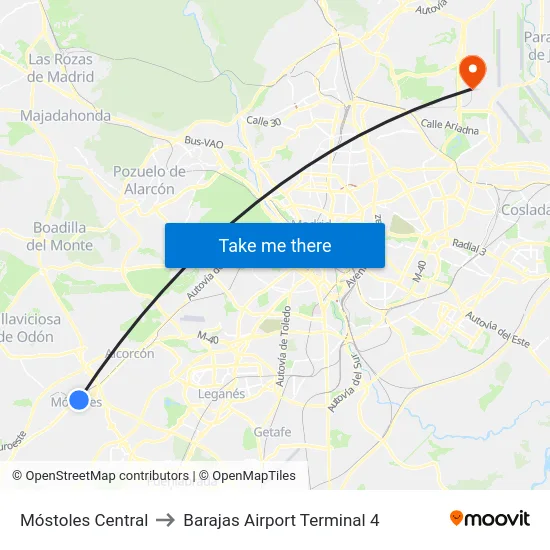 Móstoles Central to Barajas Airport Terminal 4 map