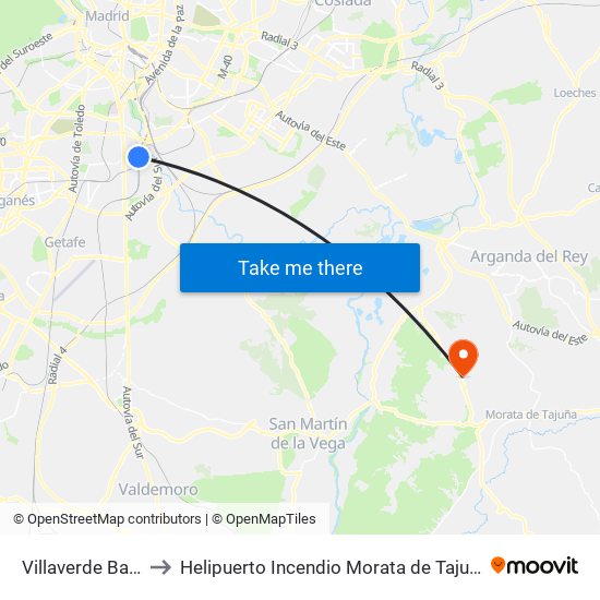 Villaverde Bajo to Helipuerto Incendio Morata de Tajuña map