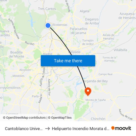 Cantoblanco Universidad to Helipuerto Incendio Morata de Tajuña map