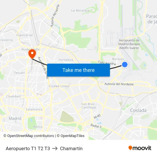 Aeropuerto T1 T2 T3 to Chamartín map