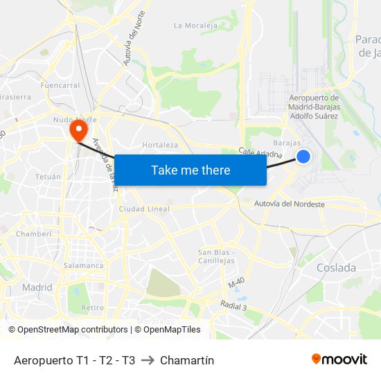 Aeropuerto T1 - T2 - T3 to Chamartín map