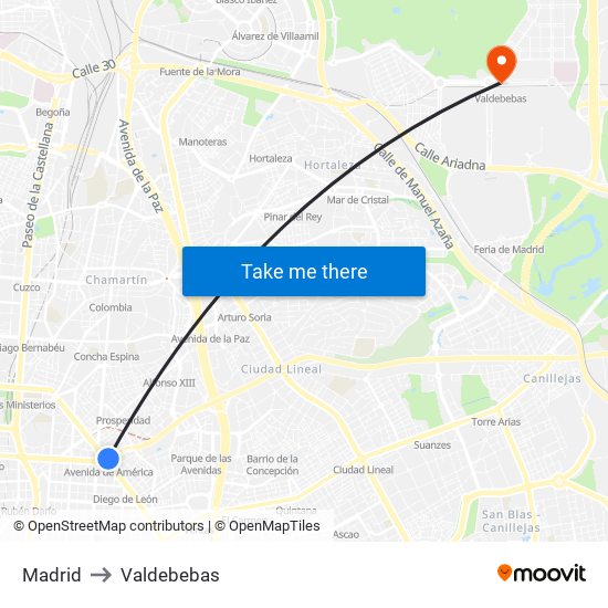 Madrid to Valdebebas map