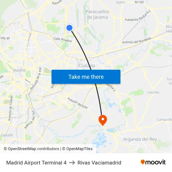 Madrid Airport Terminal 4 to Rivas Vaciamadrid map