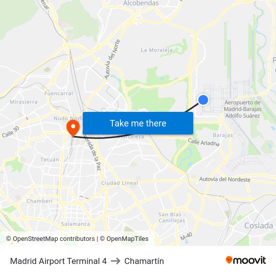 Madrid Airport Terminal 4 to Chamartín map