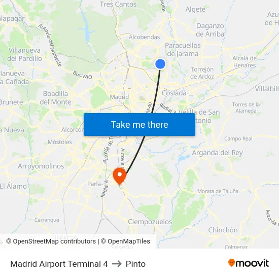 Madrid Airport Terminal 4 to Pinto map