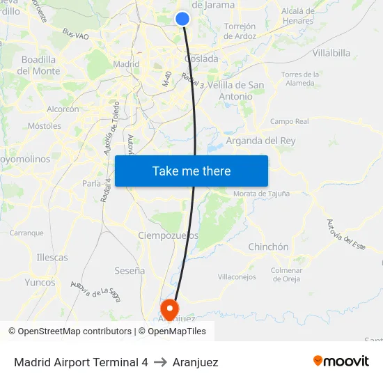 Madrid Airport Terminal 4 to Aranjuez map
