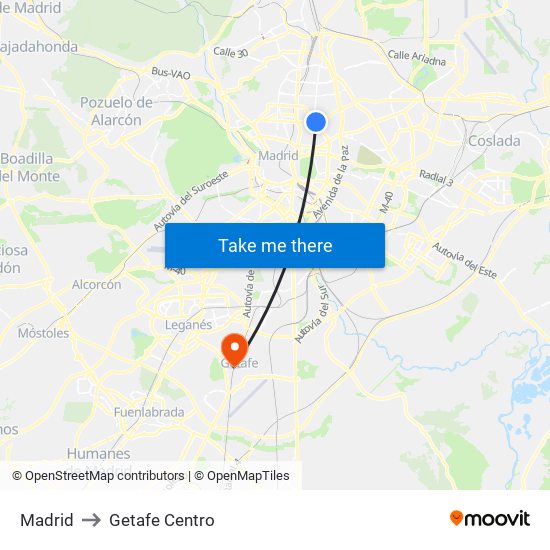 Madrid to Getafe Centro map