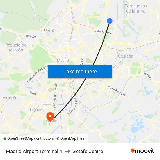 Madrid Airport Terminal 4 to Getafe Centro map