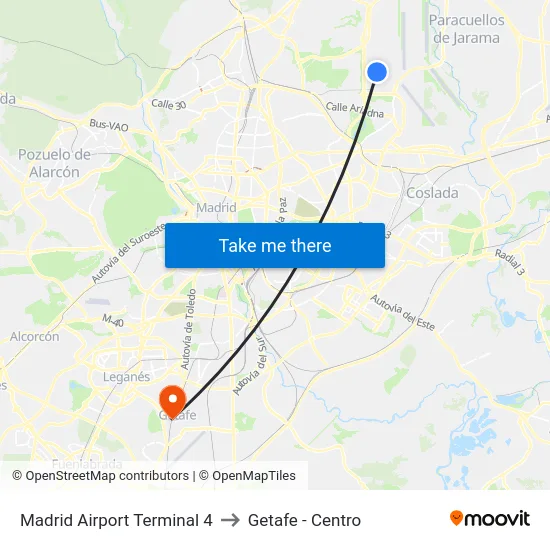 Madrid Airport Terminal 4 to Getafe - Centro map