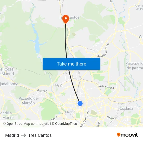 Madrid to Tres Cantos map