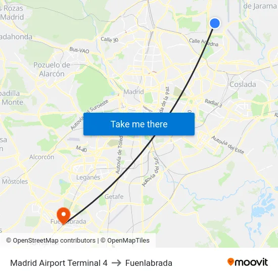 Madrid Airport Terminal 4 to Fuenlabrada map