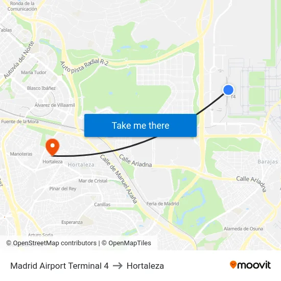 Madrid Airport Terminal 4 to Hortaleza map