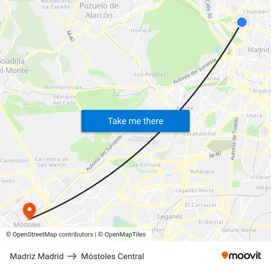 Madriz Madrid to Móstoles Central map