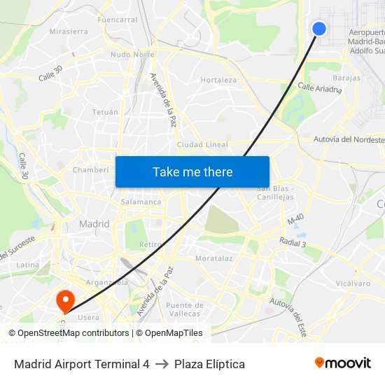 Madrid Airport Terminal 4 to Plaza Elíptica map