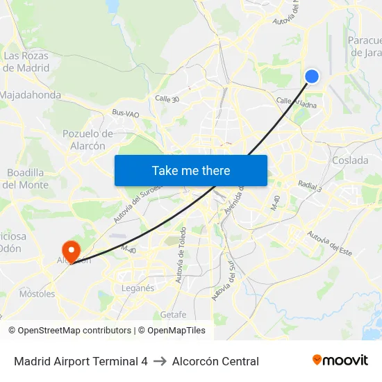 Madrid Airport Terminal 4 to Alcorcón Central map