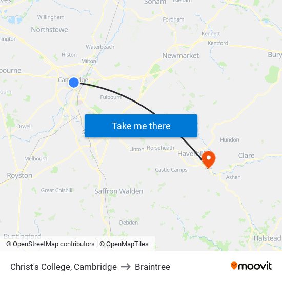 Christ's College, Cambridge to Braintree map