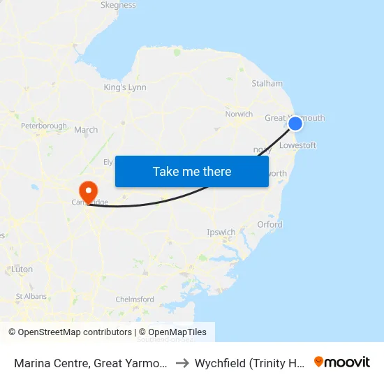 Marina Centre, Great Yarmouth to Wychfield (Trinity Hall) map