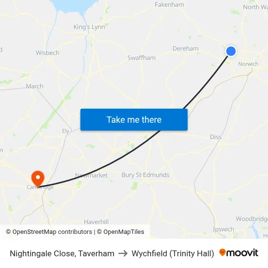 Nightingale Close, Taverham to Wychfield (Trinity Hall) map