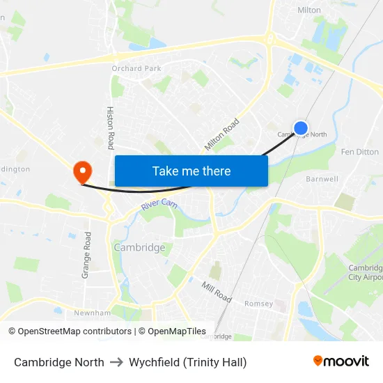 Cambridge North to Wychfield (Trinity Hall) map