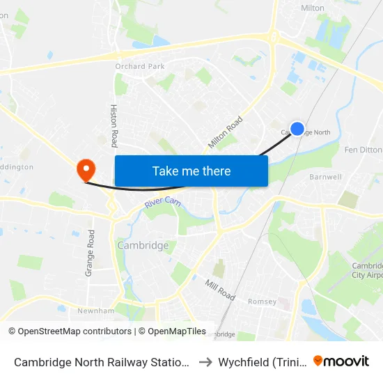 Cambridge North Railway Station, Cambridge to Wychfield (Trinity Hall) map